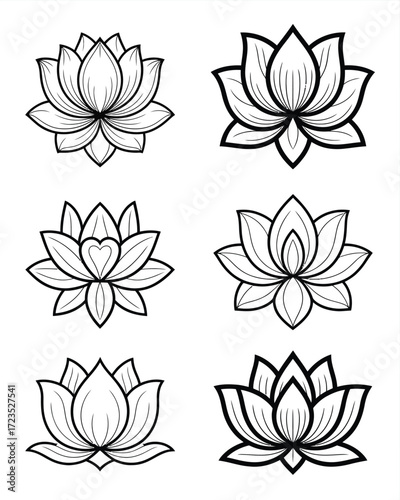 Six stylized lotus flower vector illustrations perfect for scalable graphic design projects silhouette vector illustration white background