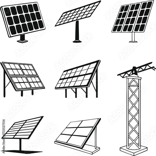 Vector art of diverse set of solar panel illustrations and electricity pylon, , showcasing various angles and designs for renewable energy generation and infrastructure