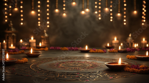 Diwali celebration background with diya lights and festive decorations for greeting card design