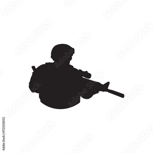 Crouched rifleman silhouette. Crouched soldier silhouette with rifle, tactical stance, defense.