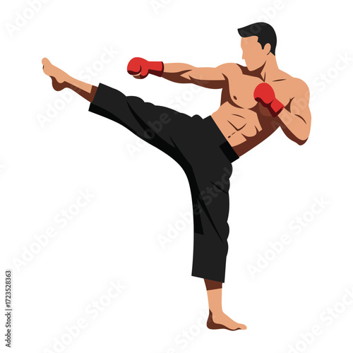A muscular man in black pants and red gloves performs a high kick, showcasing martial arts.