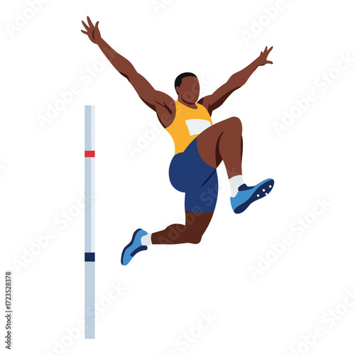Athlete jumping over a high jump bar with arms raised.