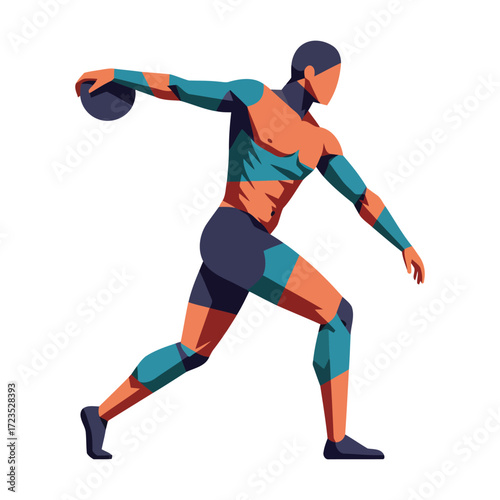A male athlete in a throwing sport, likely discus, is depicted in a dynamic action pose.