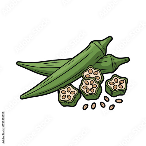 Fresh green okra whole and sliced with seeds isolated on transparent background vegetable illustration