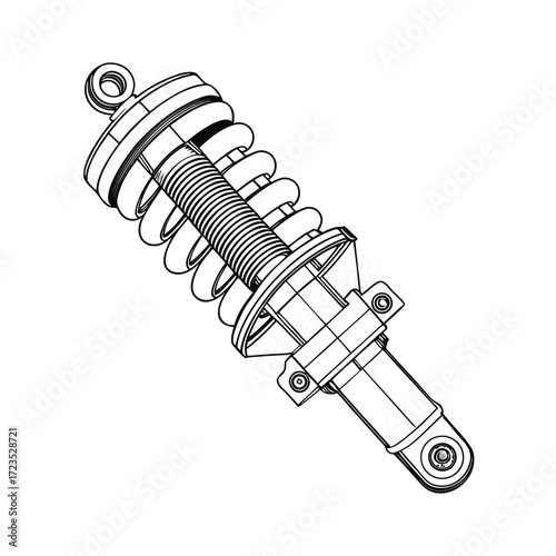 Detailed line drawing illustration of a motorcycle shock absorber showcasing its internal components and mechanical structure