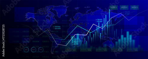 Technology graph, financial data analysis and profit percentage from stock trading.