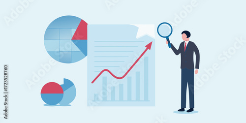 Businessman examining financial charts and graphs with a magnifying glass illustrating data analysis and business growth