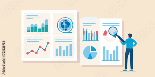 Man analyzing financial charts and graphs with a magnifying glass on a light background