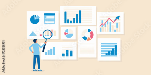 Man with magnifying glass analyzing financial charts and graphs data analysis concept