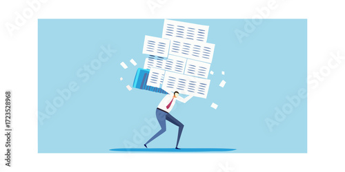 Overwhelmed businessman struggling under a massive stack of documents and papers symbolizing workload and stress