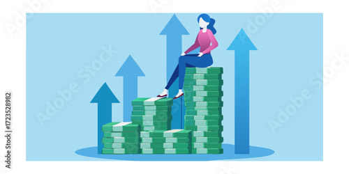 Woman sitting on a stack of money with upward arrows indicating financial growth and success