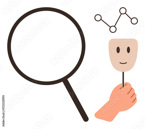 Magnifying glass and hand holding smiling mask next to connected dots suggest investigation, identity, data, deception, psychology, insight, and research. Ideal for uncovering concepts, simple flat