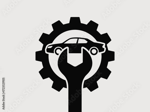 Car repair service gear and wrench vector graphic illustration for automotive industry silhouette vector illustration white background