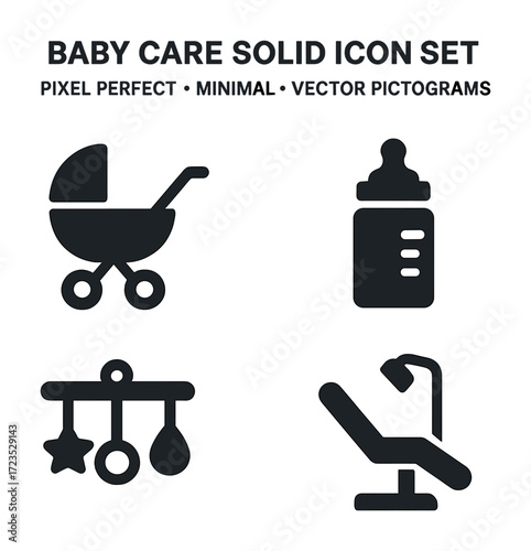 Baby care icon set featuring stroller, bottle, mobile, and chair pictograms