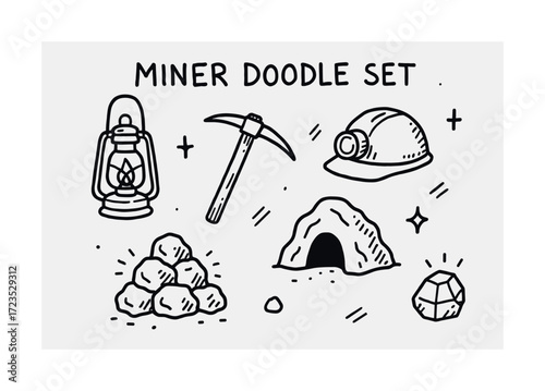 Miner doodle set: pickaxe, helmet, lantern, cave, and rocks illustration