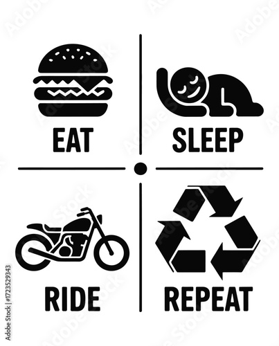 Eat Sleep Ride Repeat motorcycle lifestyle icons, daily routine biker life activity