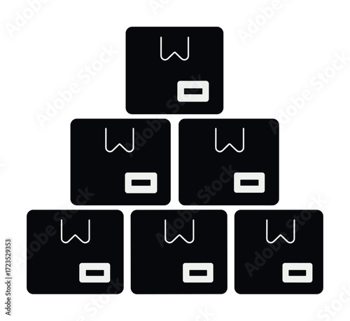 Stack of six black parcel boxes in pyramid formation