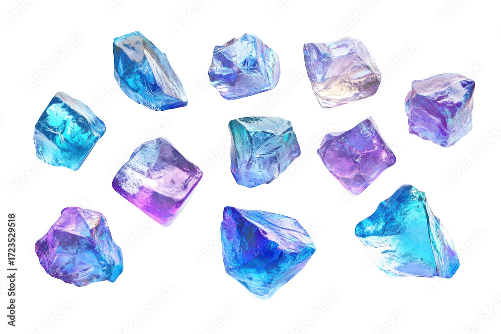 Naklejka premium Collection of shimmering iridescent ice cubes with prismatic light effects isolated on transparent background