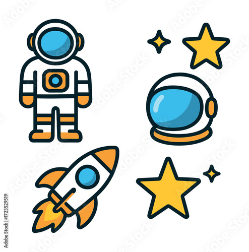 Space exploration icons: astronaut, rocket, stars, helmet cartoon illustration