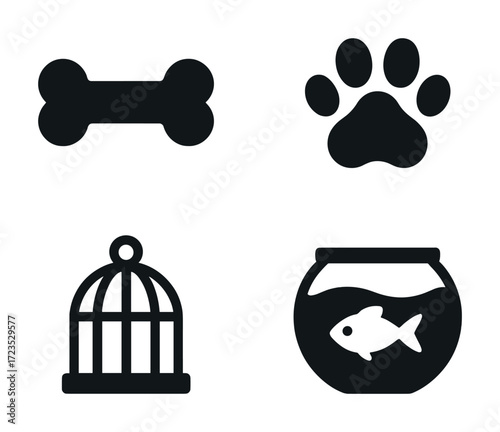 Pet care icons: bone, paw, birdcage, fishbowl silhouettes