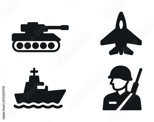 Military icons: tank, fighter jet, warship, soldier silhouettes