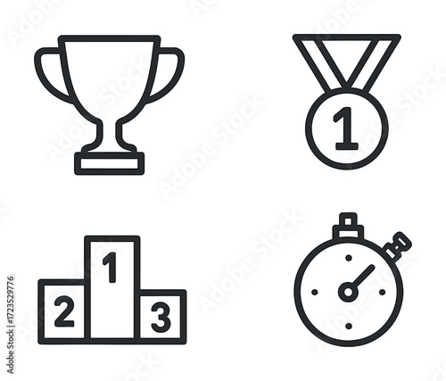 Trophy medal podium stopwatch icons representing achievement and competition