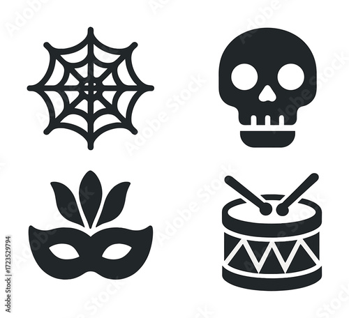 Halloween icons: web, skull, mask, and drum silhouettes