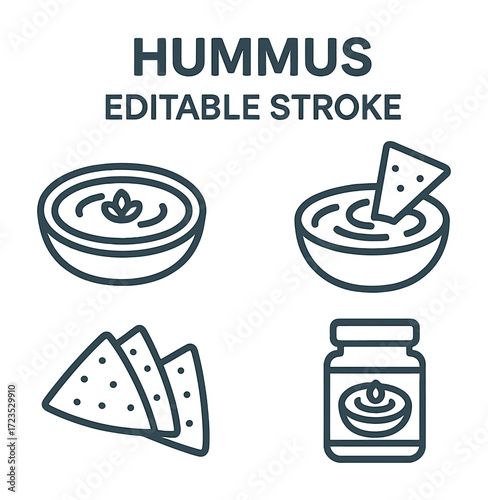 Minimalist hummus icons with pita chips and jars in editable stroke design