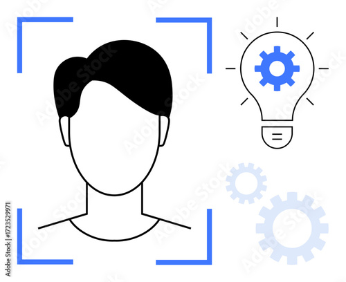 Profile silhouette surrounded by recognition frame, light bulb with gear symbol, and gear icons. Ideal for AI, machine learning, innovation, biometrics, identity, technology and future