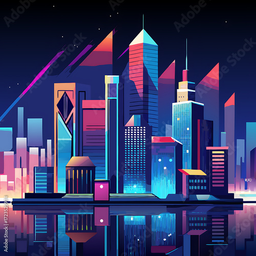 Wallpaper Mural Nighttime City View Featuring Brightly Lit Skyscrapers and Water Reflections, Ai Generated  Torontodigital.ca