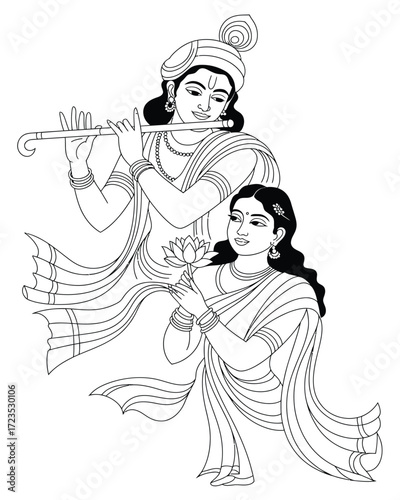 Krishna playing flute with radha devotion line drawing vector art scalable eps icon silhouette vector illustration white background
