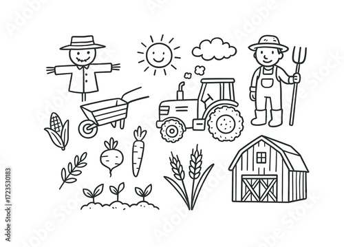 Cartoon farm scene with tractor, barn, farmer, scarecrow, and harvest elements