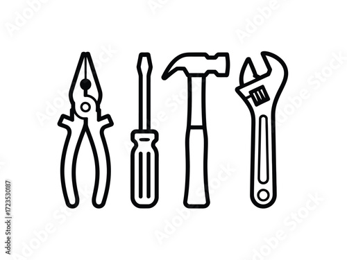 Scalable vector illustration of essential hand tools for diy and professional use silhouette vector illustration white background