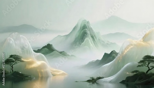 淡い緑色の山々と湖の風景水彩画風抽象的な背景