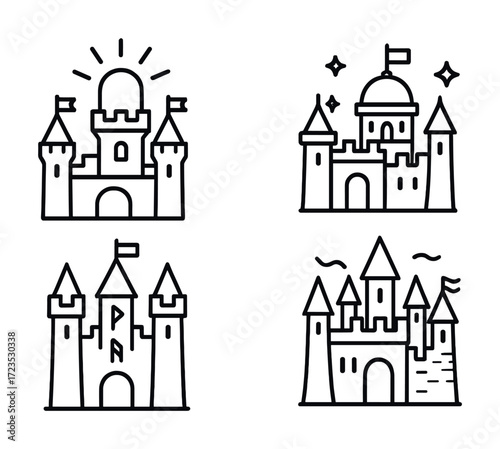 Set of four simple illustrated castles with flags and towers