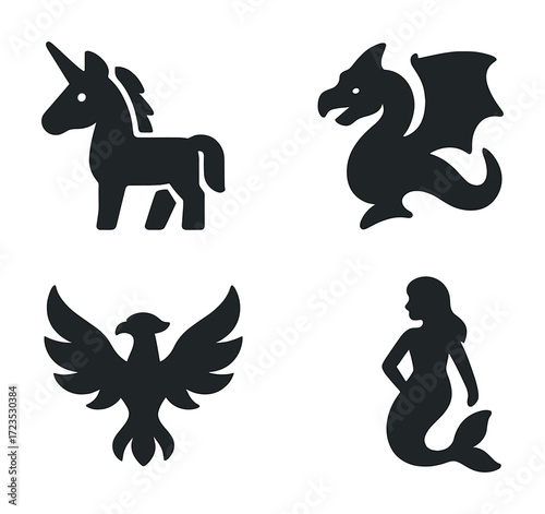Black silhouette icons of mythical creatures: unicorn, dragon, phoenix, mermaid