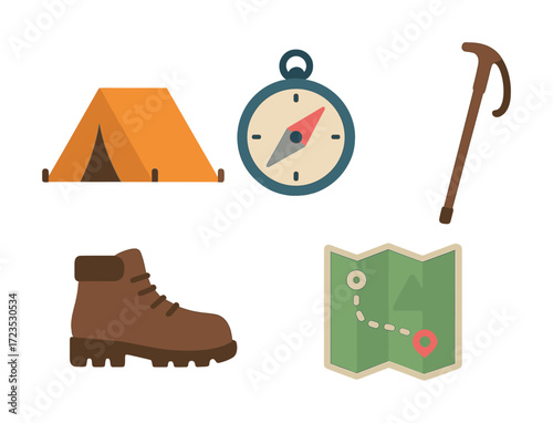 Camping equipment essentials: tent, compass, walking stick, boot, map
