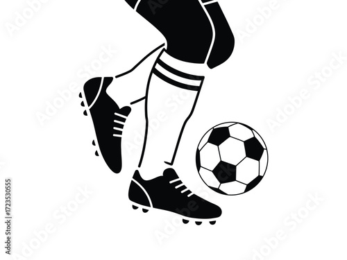 Stylized black and white vector illustration of soccer player kicking ball scalable eps icon silhouette vector illustration white background
