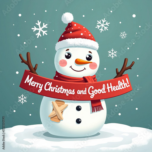A cute snowman with bandages and a plaster, holding a festive poster with the slogan
