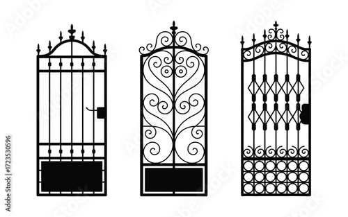 Set of black ornate metal gates with intricate scrollwork and decorative elements, classic garden entrance designs