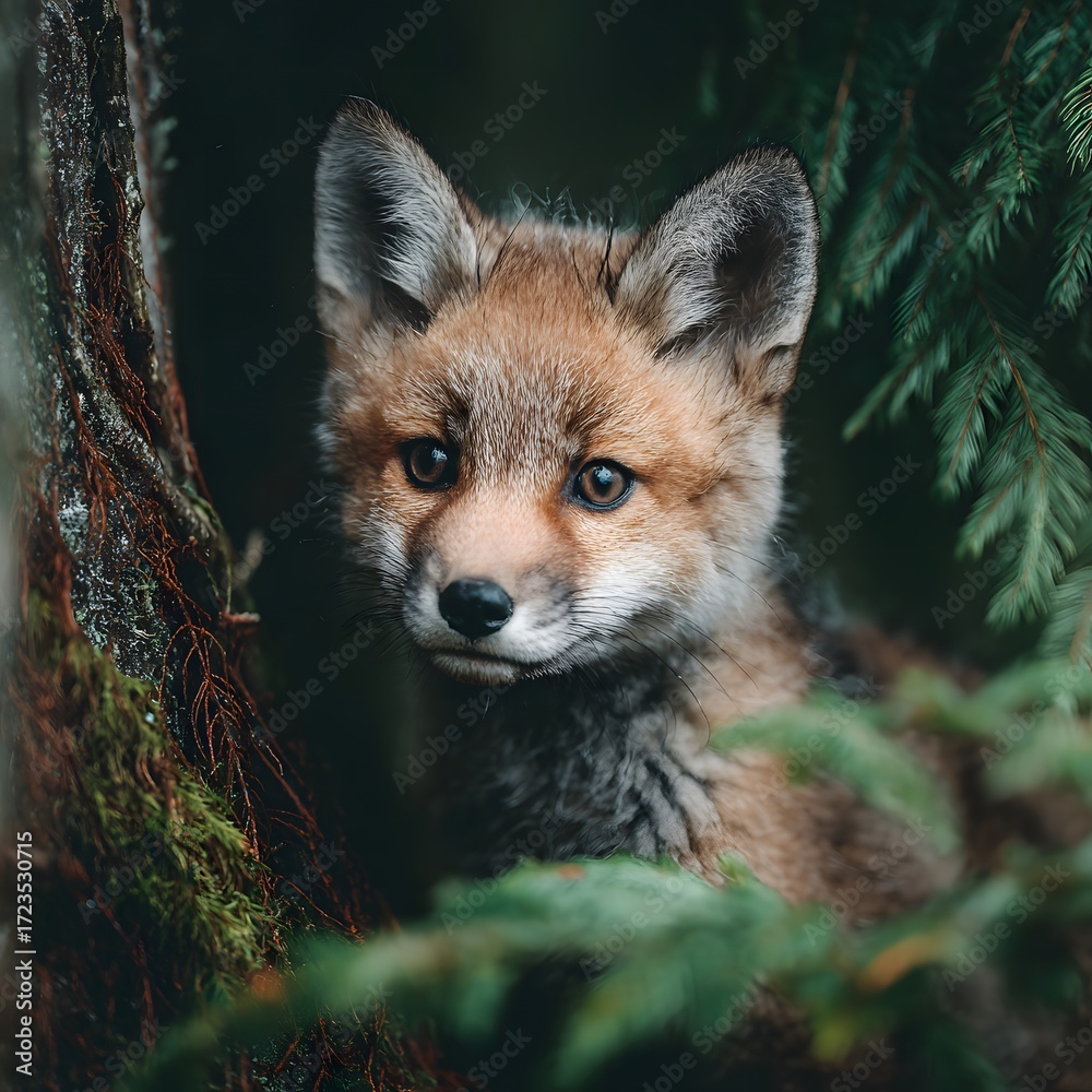 Naklejka premium Adorable baby fox in a forest