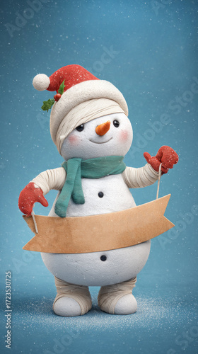 A cute snowman with bandages and a plaster, holding a festive poster with the slogan