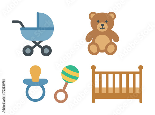Adorable baby essentials: stroller, teddy bear, pacifier, rattle, and crib illustration