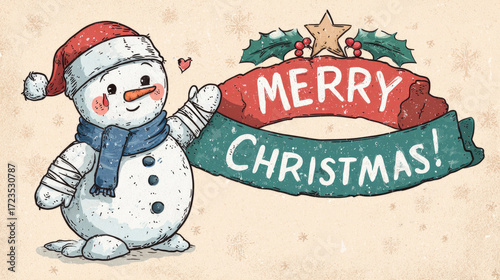 A cute snowman with bandages and a plaster, holding a festive poster with the slogan