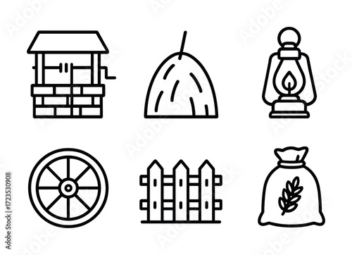 Set of simple line icons for rustic farm elements: well, haystack, lantern, wheel, fence, sack