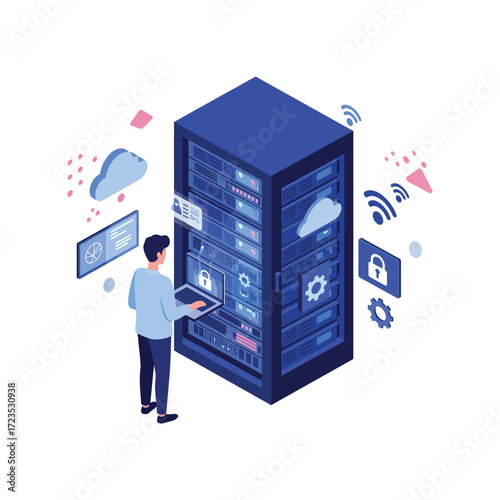 Isometric Illustration of Data Center Server Room with Technician rack cloud computing security technology network information