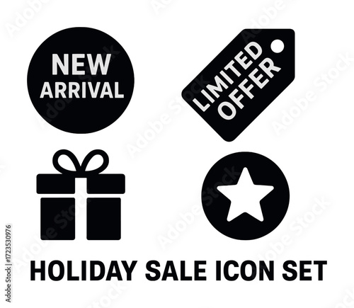 Holiday sale icon set with gift, star, limited offer, and new arrival symbols