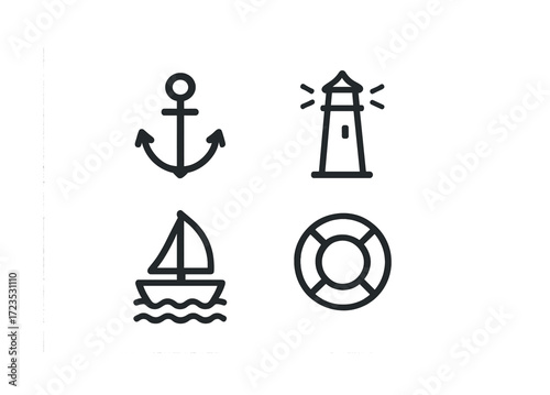 Nautical symbols: anchor, lighthouse, sailboat, lifebuoy icons in black
