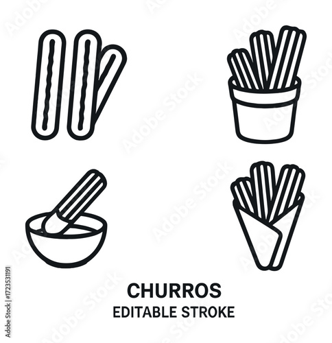 Churros icons: bowl, cup, wrap, sticks - editable stroke vector illustration