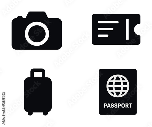 Travel icon set: camera, ticket, suitcase, passport silhouettes